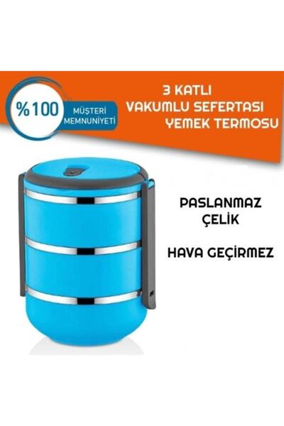 Pi İthalat Sefer Tası Yemek Termosu Saklama Kabı Termosu 3 lü - Mavi