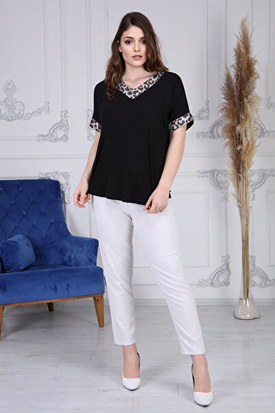 Gül Moda Γυναικεία Μαύρη Plus Size κοντομάνικη μπλούζα G058-2