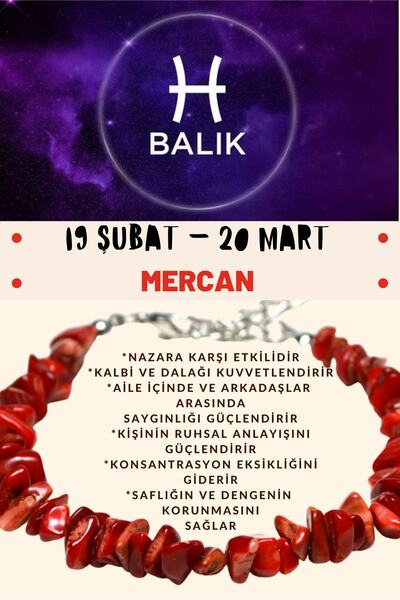 Gümüştel Sertifikalı Burç Taşı Balık Burcu Mercan Taşı Bileklik