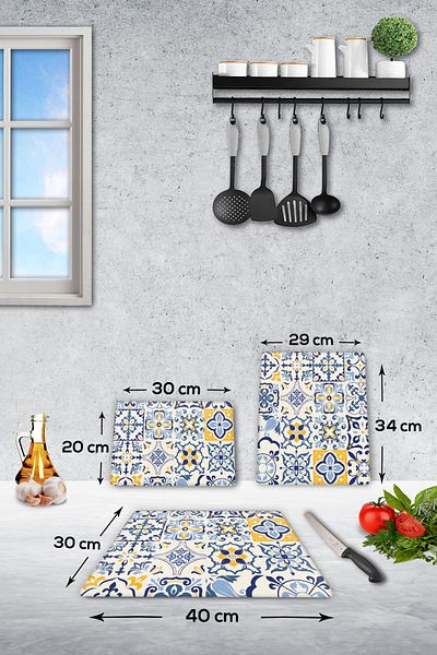 Decorita Set of 3 Blue Tile Pattern| Glass Cutting Board - Glass Cutting Table