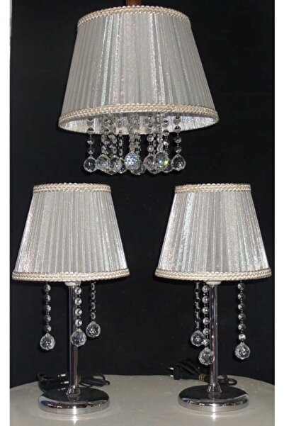 TEKAY AYDINLATMA Krem 3 Lü Yatak Odası Taşlı Avize Abajur Seti