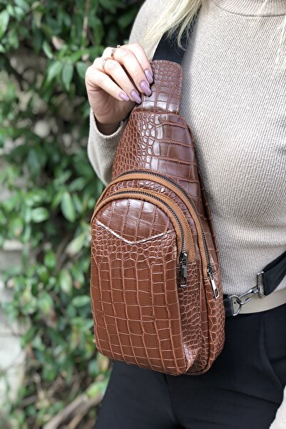 Bagzone Geantă de damă cu model crocodil maro cu două compartimente