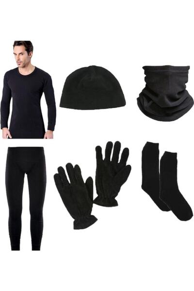 bonbonetti Мъжки черен комплект термобельо Polar Beanie, ръкавици, кърпа и чо...