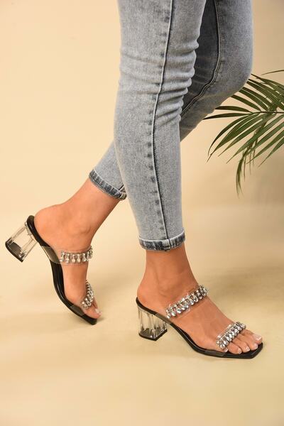 Shoeberry Dámské černé transparentní pantofle na podpatku s kamínkovým páskem