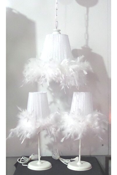 TEKAY AYDINLATMA Beyaz 3lü Yatak Odası Tüylü Avize Abajur Seti