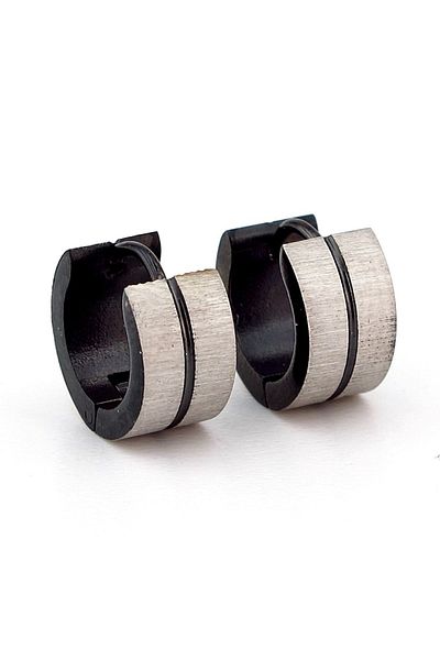 Solfera Black Striped Gray Color Thick Hoop Steel Men's Earrings E903