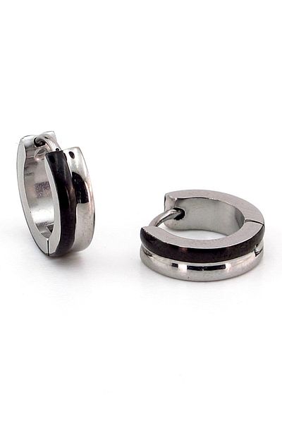 Solfera Men's Earrings E917 - Black and White Stripe, Stainless Steel Hoop