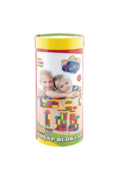 Play Wood Playwood Colorful Educational Wooden Toy Blocks 100 Pieces in Cylinder Box