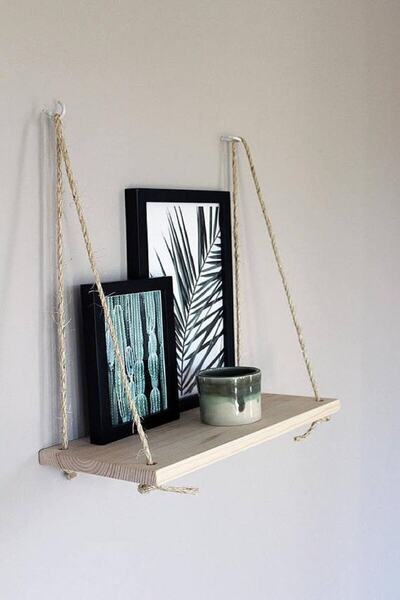 KozmoParti 1 Adet Dekoratif Ahşap Halatlı Duvar Rafı Kitaplık & Çiçeklik