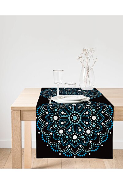 Realhomes Siyah Zeminde Mavi Boncuklu Mandala Dekoratif Süet Runner