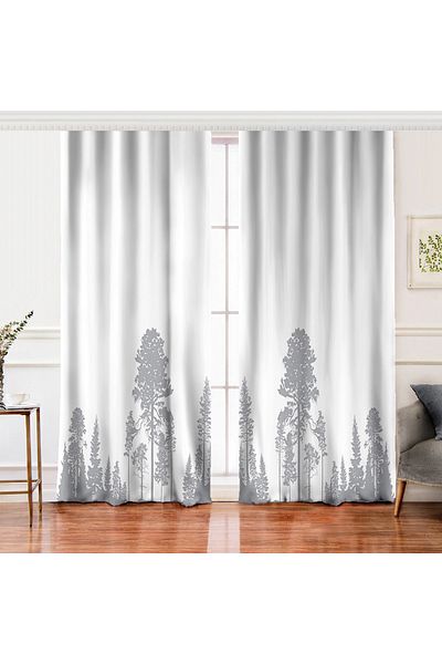 Realhomes Perdeau de fundal imprimat digital cu aripi duble cu design de arbore gri pe fundal alb
