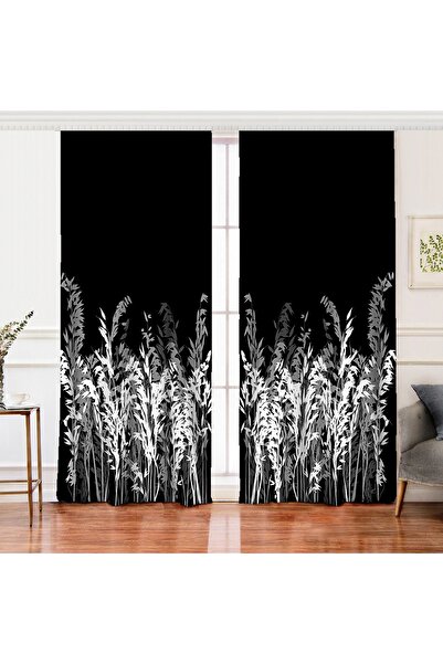 Realhomes Çift Kanat Siyah Zeminde Beyaz Ve Gri Çiçek Temalı Özel Tasarım Dij...