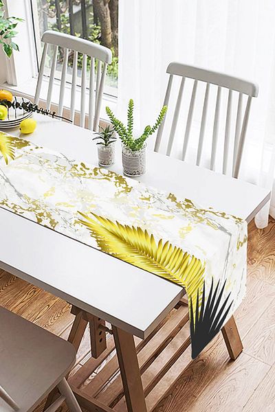 Realhomes Χρυσά και Μαύρα Φύλλα Ψηφιακά Εκτυπωμένα Ειδικού Σχεδιασμού Suede Runner με μαρμάρινο φόντο