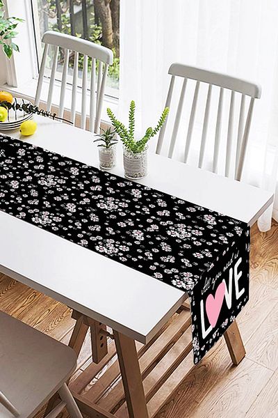 Realhomes White Flowers Love Patterned Διακοσμητικό Suede Runner