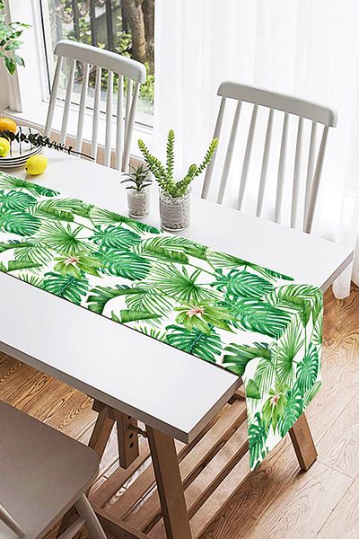 Realhomes Ψηφιακή τυπωμένη ειδική σχεδίαση Suede Runner με μοτίβο πράσινων φύλλων σε λευκό φόντο
