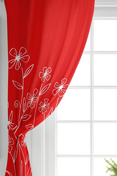 Realhomes Double Wing Digital Printed Background Curtain with Flower Pattern on Red Background