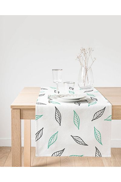 Realhomes Runner modern din piele intoarsa cu tematica alba, cu modele de frunze