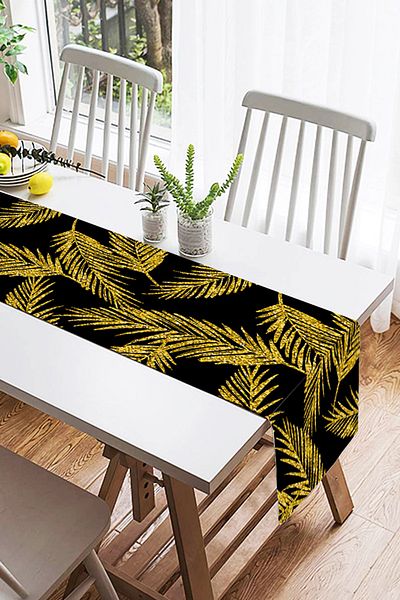 Realhomes Runner din piele de căprioară cu design special imprimat digital cu model de frunze de culoare aurie pe fundal negru