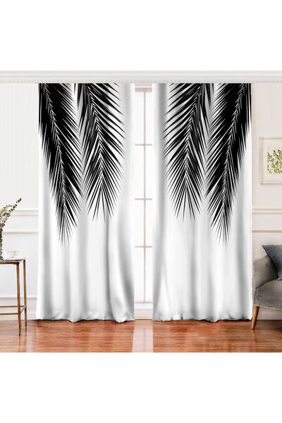 Realhomes Çift Kanat Siyaz Beyaz Palmiye Yaprakları Dijital Baskılı Fon Perde