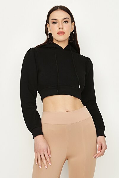 Select Moda Women's Black Hooded Crop Sweatshirt