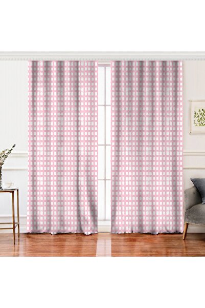Realhomes Çift Kanat Pembe Zeminde Geometrik Kare Motifli Dijital Baskılı Fon...