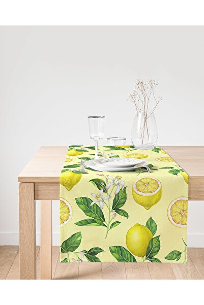 Realhomes Krem Zeminli Limon Desenli Dekoratif Özel Tasarım Süet Runner