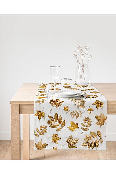 Realhomes Ψηφιακό τυπωμένο Suede Runner με μοτίβο φύλλων χρυσού σε λευκό φόντο