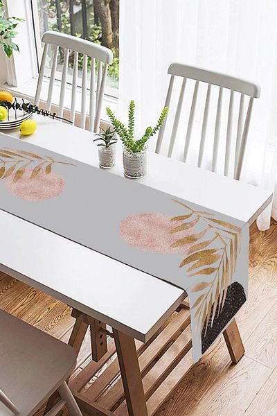 Realhomes Alergăr modern din piele intoarsă cu desen abstract Moon și frunze pe fundal gri