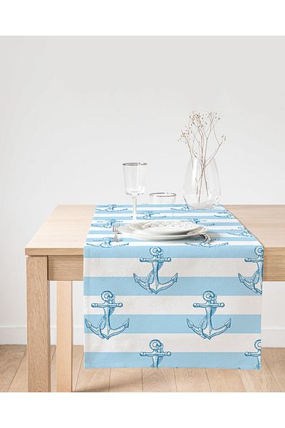 Realhomes Blue White Sailor Digital Printed Suede Runner