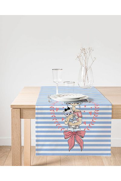 Realhomes Blue Stripes Fashion Girl Digital Printed Διακοσμητικό Suede Runner