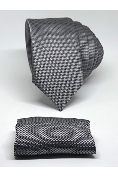 Kravat Gezegeni Gray Slim Fit Oxford Bird Eye Pattern Tie with Handkerchief