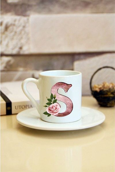 Kumbara Hediyelik White Rose Pattern - Turkish Coffee Cup with Letter S Printed
