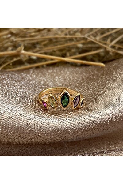 Markiz Takı خاتم ذهبي نسائي بصف حجري أسود اللون قابل للتعديل