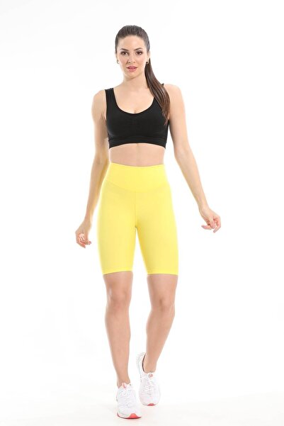 LIWITS سروال ركوب الدراجات باللون الأصفر عالي الخصر فوق الركبة - نسيج مرن و ل...