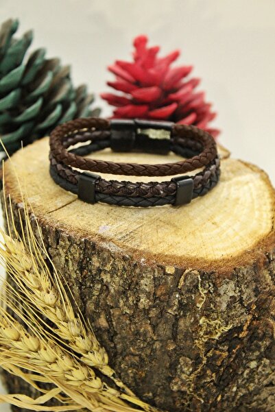 SEN'Z COLLECTİON Erkek Kahverengi Örgü Deri Bileklik