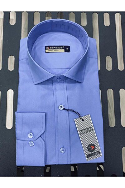 BENESSE قميص داكرون أزرق متوسط الحجم بقصة ضيقة