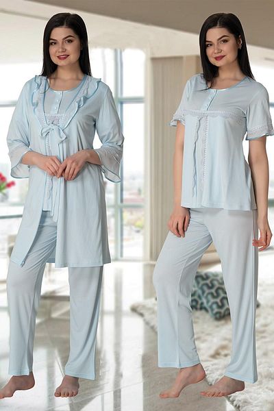 Lohussa Set de pijamale pentru damă, cu mâneci albastre, cu voluri de maternitate