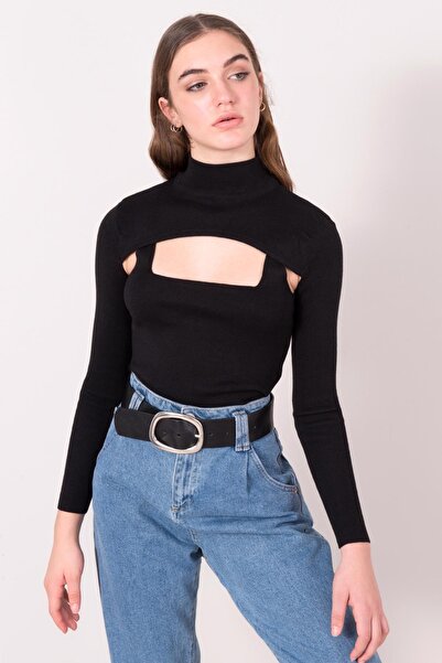 Garaj Butik Kadın Siyah Dik Yaka Bolero Detaylı Triko Büstiyer