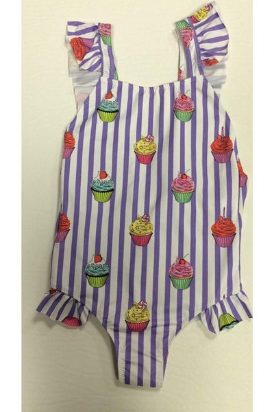 Kom Cupcakeli Striped Ruffle and Bow Detailed Girls' Swimsuit / Lilac Purple