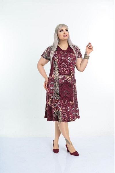 Şirin Butik Women's Large Size Burgundy Ethnic Patterned Casual Viscose Dress