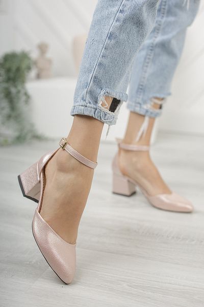 MERVE BAŞ Women's Pink Glitter Single Strap Thick Heeled Classic Shoes