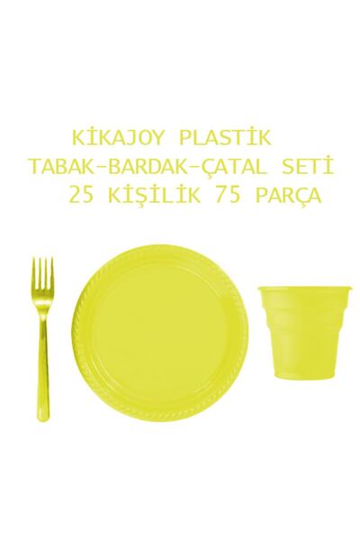 Kikajoy Plastik Lüks Sarı Tabak-bardak-çatal Seti 25'li