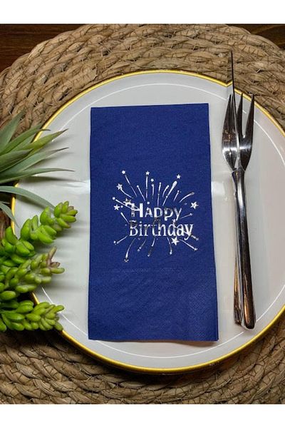 kidspartim Ασημένιο επιχρυσωμένο Navy Blue Happy Birthday Waiter Folding Χαρτοπετσέτα 16 τεμαχίων