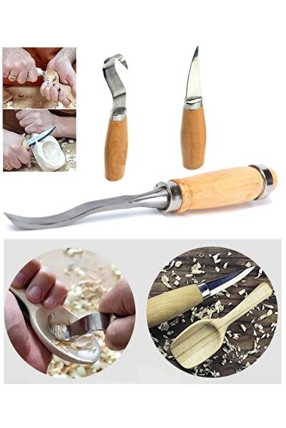 Depolife Ahşap Oyma Iskarpela Alet Seti Kaşık Heykel Kuksa Oval Düz Oyma Kıvrık Yontma Bıçağı 3lü