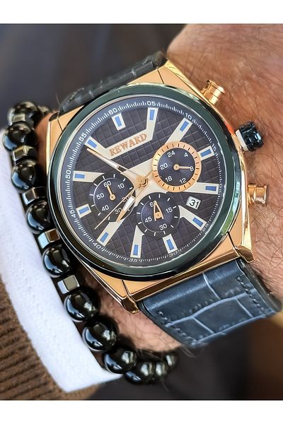 Reward Brand Dark Blue Leather Strap, Functions Active Square Dial Men's Wristwatch + Bracelet