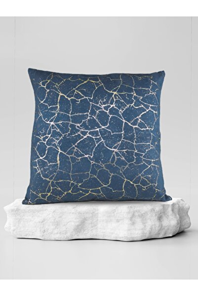 Mrs.Gugar أزرق نيلي - غطاء وسادة مربع منقوش بالرخام مع تفاصيل ذهبية