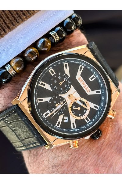 Reward Brand Black Color Leather Strap, Functions Active Square Dial Men's Wristwatch + Bracelet