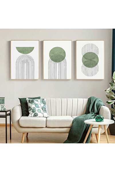 Linacci Üçlü Gold Çerçeve Sarı Mavi Soyut Yeşil Dairesel Çizgiler Tasarım Camlı Tablo Seti