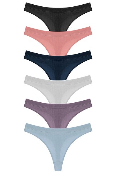 HNX 6-Piece Cotton Ribbed Textured Waist Elastic Women's Thong Panties