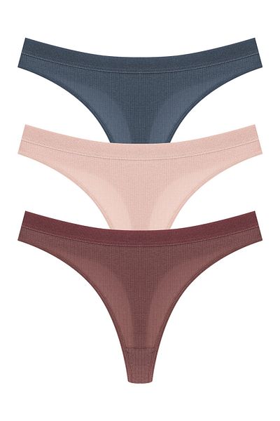 HNX 3-Piece Cotton Corded Textured Waist Elastic Women's Thong Panties